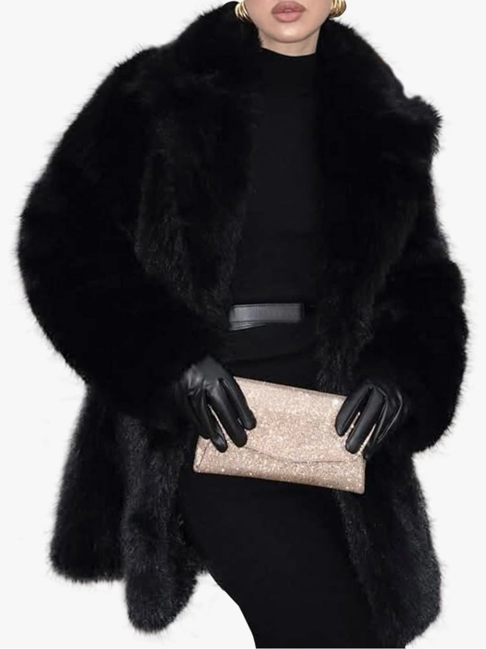 NIB COZYPOIN Womens Faux Fur Mid Length Warm Winter Fluffy Coat w/Shawl Collar.